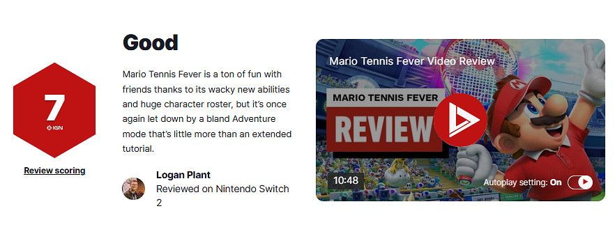 《瑪利歐網球：狂熱》IGN 7分：多人遊玩時樂趣十足！