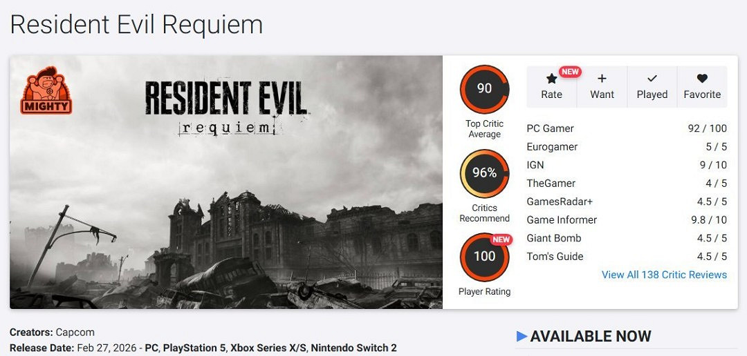 好評如潮!《惡靈古堡9》M站媒體評分已上升至89分 好評如潮!《惡靈古堡9》M站媒體評分已上升至89分