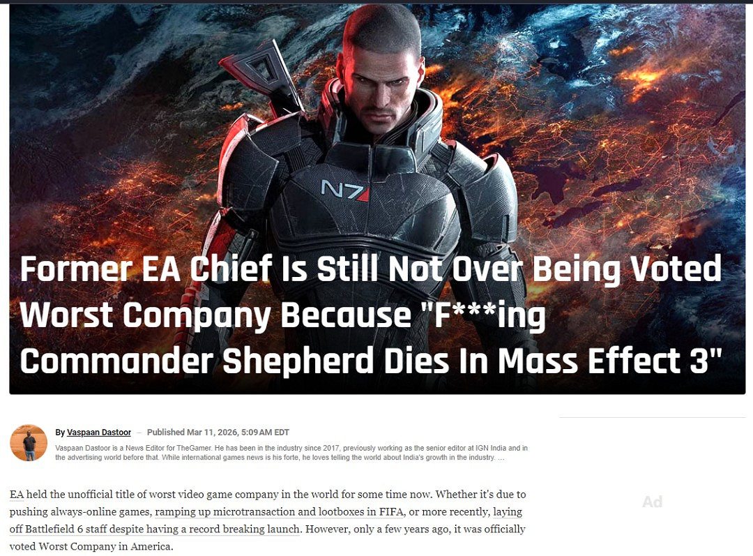 EA曾因《質量效應3》結局兩度被評為"美國最差公司"