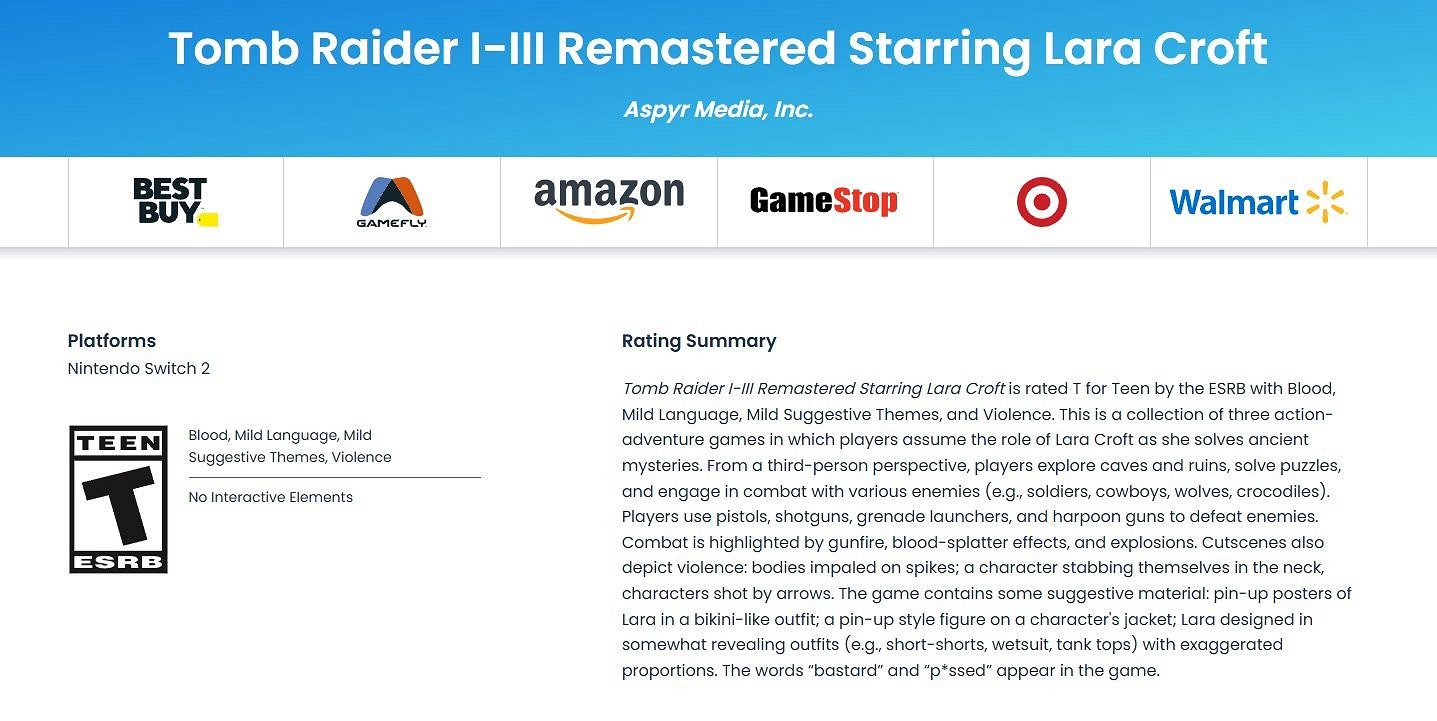 已獲ESRB評級!《古墓奇兵1-3復刻版》或登陸Switch2