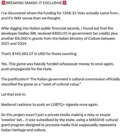 曝DEI遊戲《1348:聖誓》資金來源竟是意大利文化部 曝DEI遊戲《1348:聖誓》資金來源竟是意大利文化部