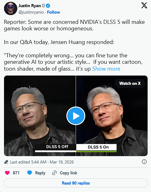 黃仁勳回應DLSS 5爭議：技術是給開發者更多控制權