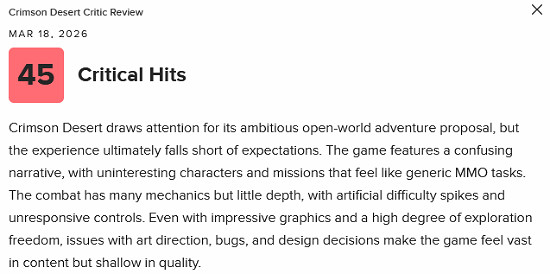 《紅色沙漠》M站94份媒體評價中目前僅出現一條差評