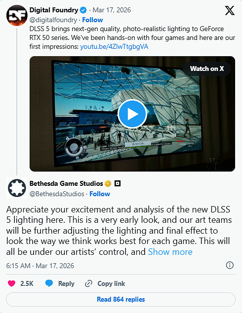 Bethesda回應Nvidia新DLSS 5技術"AI感"太重問題