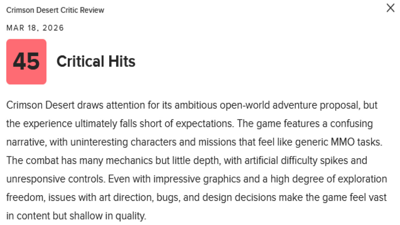 《紅色沙漠》漫天讚揚聲下唯一逆行者:龐大卻空洞?