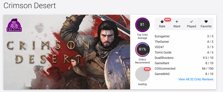 《紅色沙漠》評分解禁：OC站 81分！獲“優秀”標籤