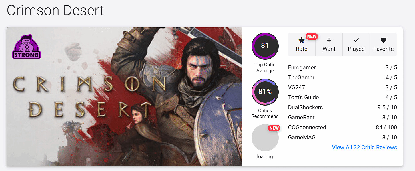 《紅色沙漠》評分解禁：OC站 81分！獲“優秀”標籤