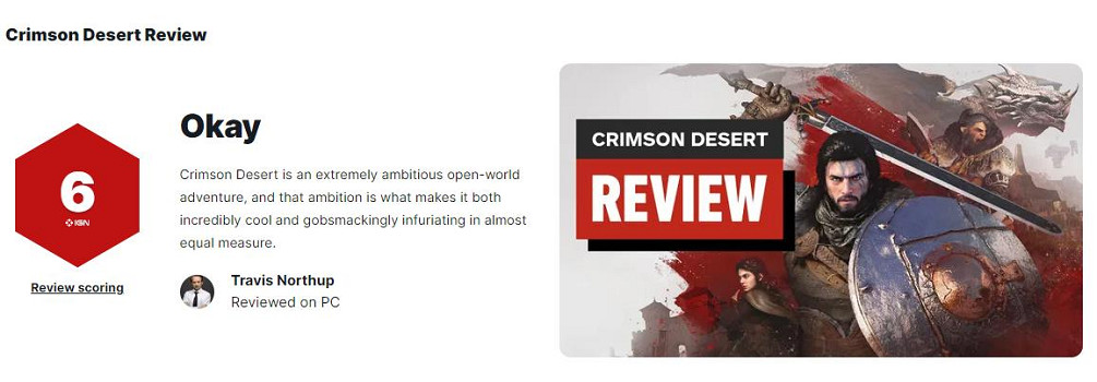 《紅色沙漠》IGN最終評分6分：一款極具雄心的遊戲！