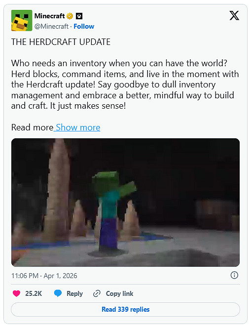 《Minecraft》愚人節更新趣味玩法“廢除物品欄”！