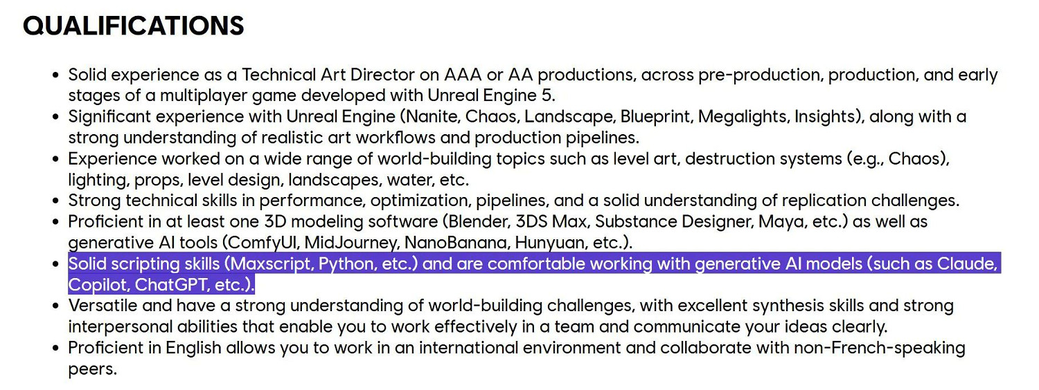 育碧招聘啟事要求應聘者熟練使用AI模型 引發輿論爭議